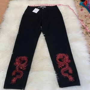 Adika Black Denim Pants with Dragon Print. Size S New With Tags